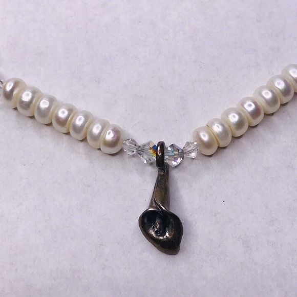 Lety G Sterling Silver Calla Lily FLower Charm Pearl Necklace Faceted Glass Bead - Picture 4 of 12